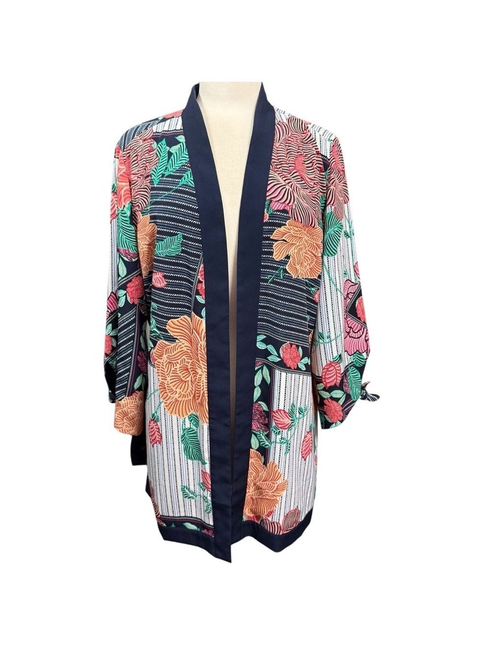 Chico's Floral Print Kimono Thin Jacket Size 2/L Multicolor